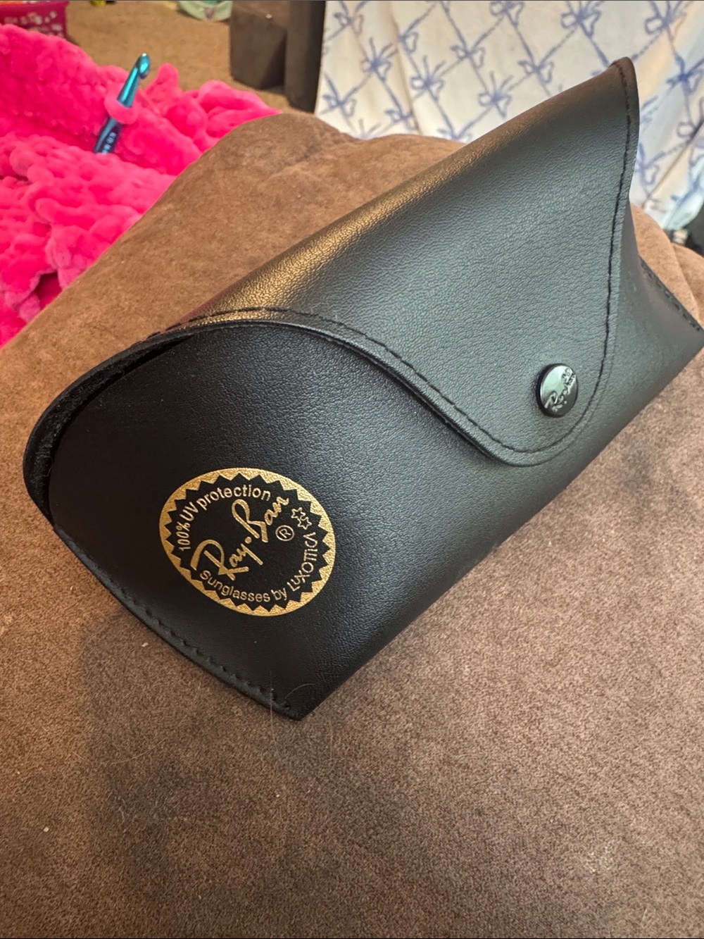 Ray-Ban Black Leather Sunglasses Case with Gold Logo